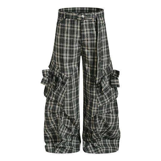 Damen karierte hochgeschnittene Cargo-Hose mit weitem Bein und Volant-Taschen Shop Nory