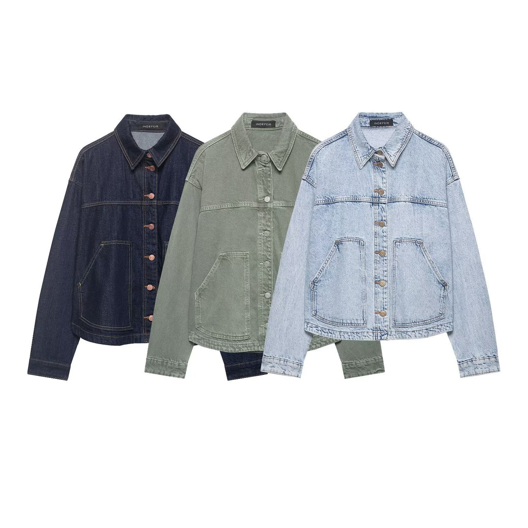 Damen Boxy Cropped Denim-Workerjacke mit großen aufgesetzten Fronttaschen Shop Nory