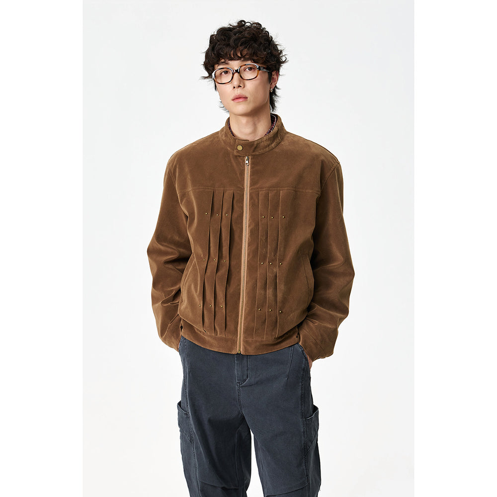 Herren Veloursleder-Optik Blousonjacke mit Faltenpasse und Nieten-Detail Shop Nory