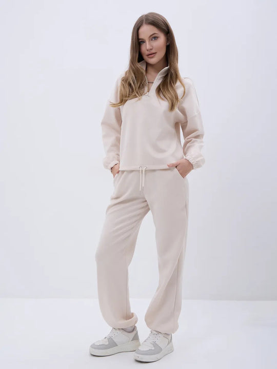 Damen weiches Lounge-Set mit halbem Reißverschluss, Kordelzughose und elastischen Bündchen Shop Nory