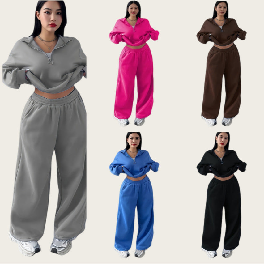 Damen Cropped Oversize-Sweatshirt mit halbem Reißverschluss und weite High-Waist Jogginghose Set Shop Nory