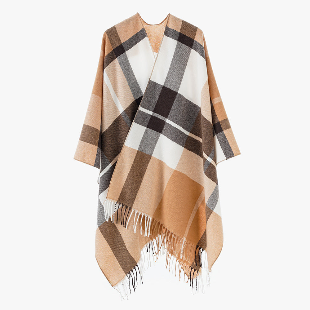 Damen Oversize-Karoponcho aus weichem Wollmix mit Fransensaum Shop Nory