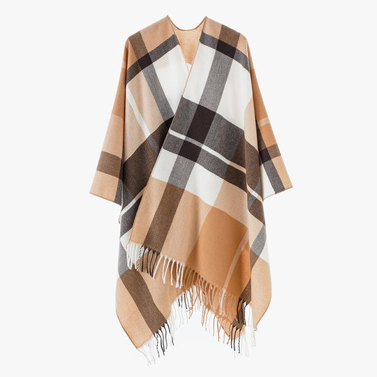 Damen Oversize-Karoponcho aus weichem Wollmix mit Fransensaum Shop Nory