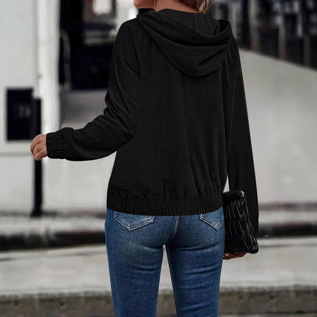 Damen Casual Cord-Hoodiejacke mit feiner Kordsamtstruktur, durchgehendem Reißverschluss und elastischem Saum Shop Nory