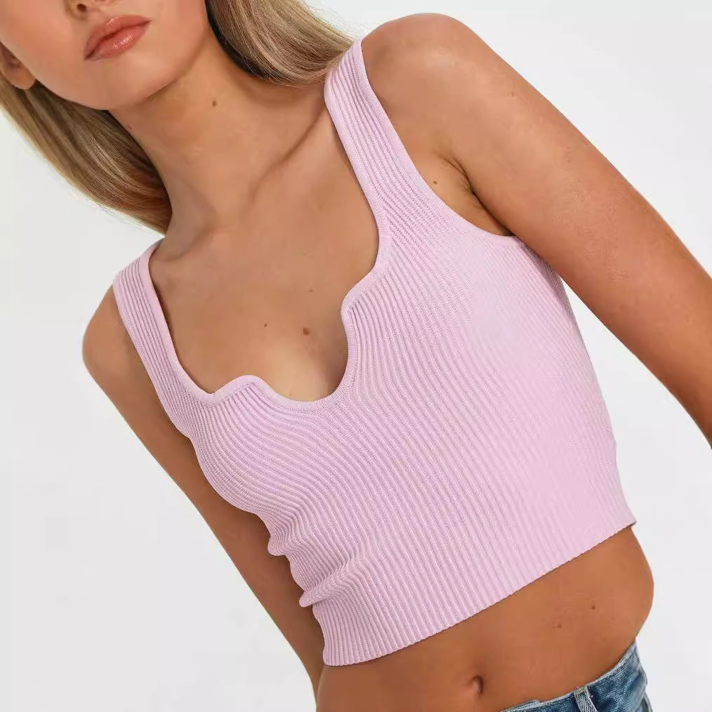 Damen Crop-Top mit Wellen-Ausschnitt und feiner Rippstruktur