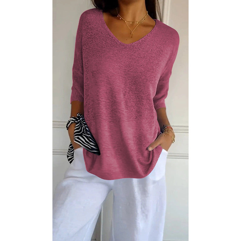 Damen nan locker sitzender V-Ausschnitt Feinstrickpullover mit dreiviertelÄrmeln Shop Nory