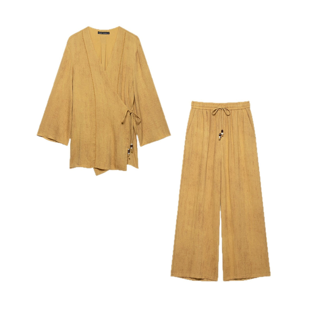 Damen Weite Culotte-Hose in Leinenoptik mit Gummibund und Zierkordel Shop Nory