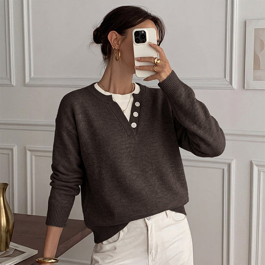 Damen Leichter Henley-Strickpullover mit Knopfleiste, gerippten Bündchen und relaxed Fit Shop Nory
