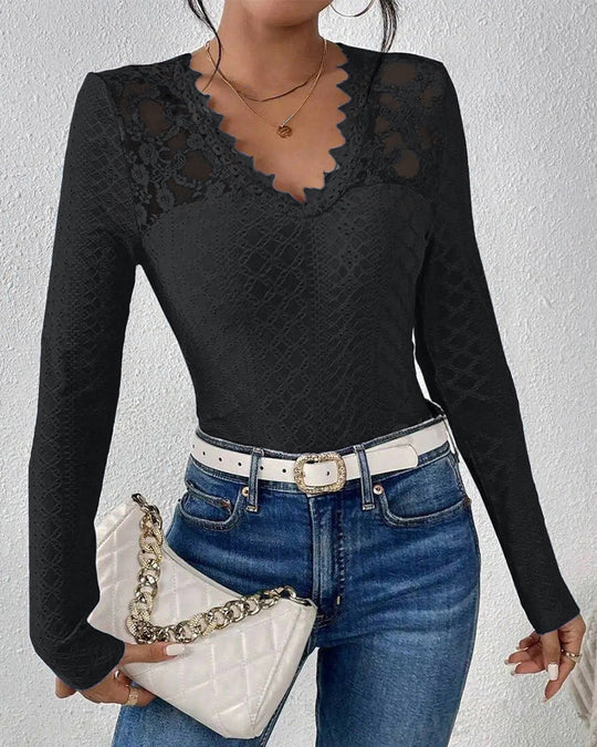 Damen nan figurbetontes Spitzen-Langarmshirt mit gezacktem V-Ausschnitt