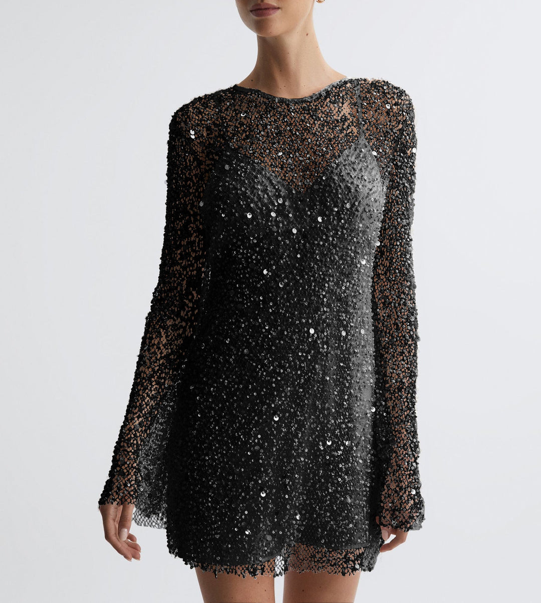 Damen Glitzerndes Cocktailkleid mit schimmernden Pailletten und langen Ärmeln