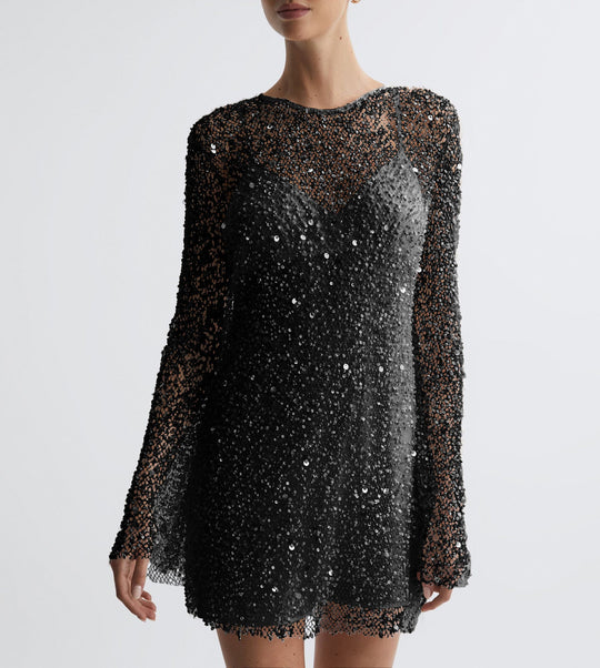 Damen Glitzerndes Cocktailkleid mit schimmernden Pailletten und langen Ärmeln