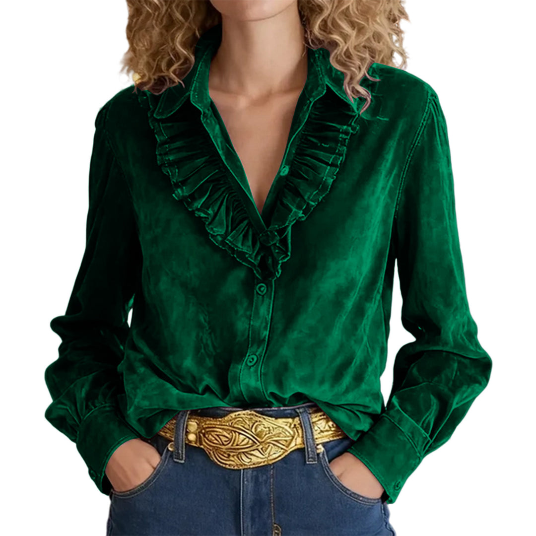 Damen Bluse mit Volantkragen, V‑Ausschnitt und Veloursoptik Shop Nory
