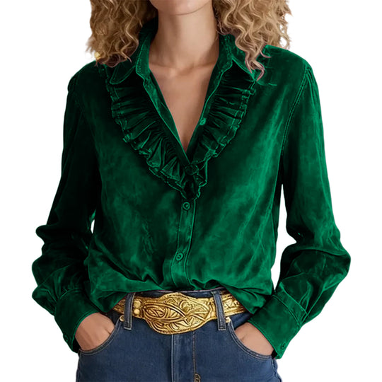 Damen Bluse mit Volantkragen, V‑Ausschnitt und Veloursoptik Shop Nory
