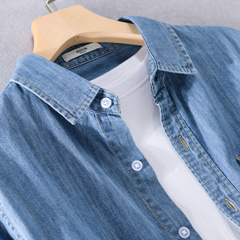 Herren Washed-Denim-Überhemd im Relaxed-Fit mit Brusttasche und kontrastreicher Naht Shop Nory