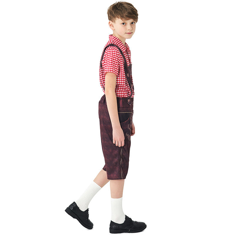 Damen nan traditionelle Trachtenlederhose mit verstellbaren Trägern und kariertem Blusen-Set Shop Nory