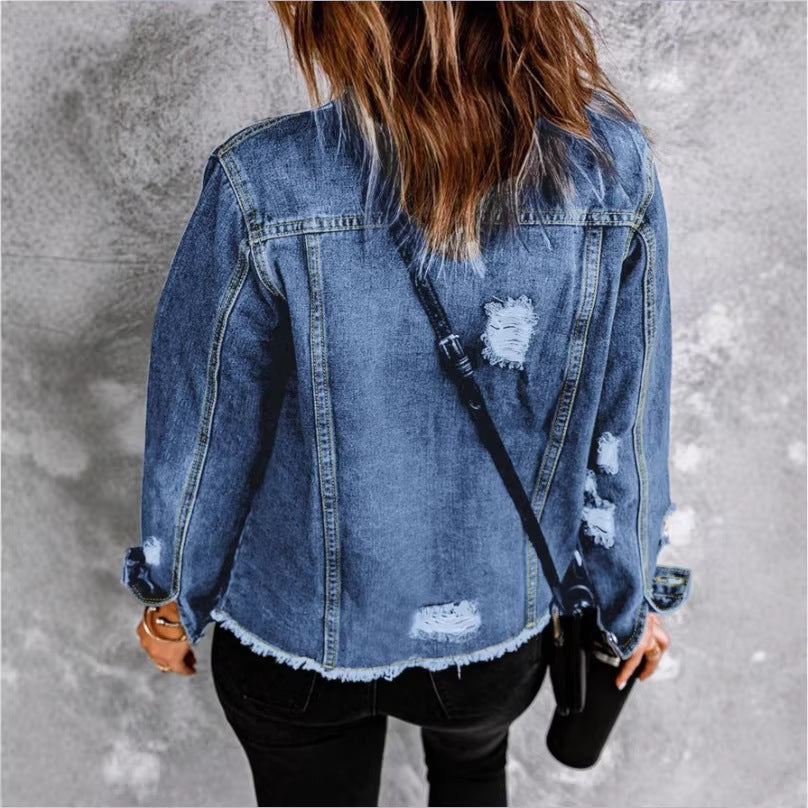 Damen Jeansjacke mit lässigen Destroyed-Ärmeln und rohem Saum Shop Nory