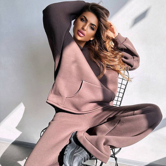 Damen Scuba-Fleece Lounge-Set mit Oversize-Kapuzenpullover und weiter Flare-Hose Shop Nory