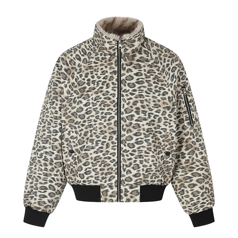 Damen gesteppte Bomberjacke mit Kunstfell-Stehkragen, Allover-Leo-Print und Rippbündchen Shop Nory