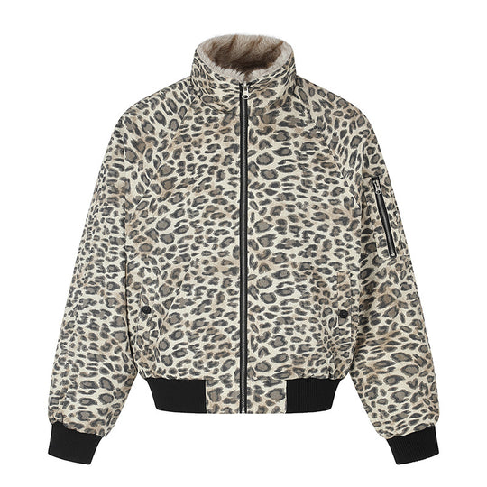 Damen gesteppte Bomberjacke mit Kunstfell-Stehkragen, Allover-Leo-Print und Rippbündchen Shop Nory