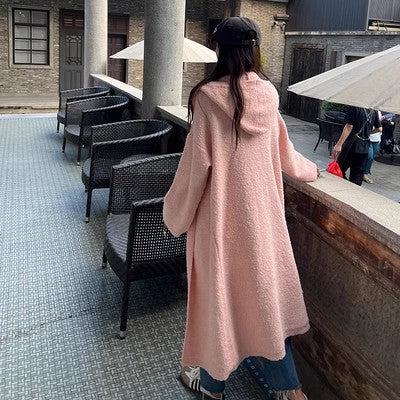 Damen Langer Teddy-Fleece-Mantel mit Kapuze, überschnittener Schulter und weich fallender A-Linie Shop Nory