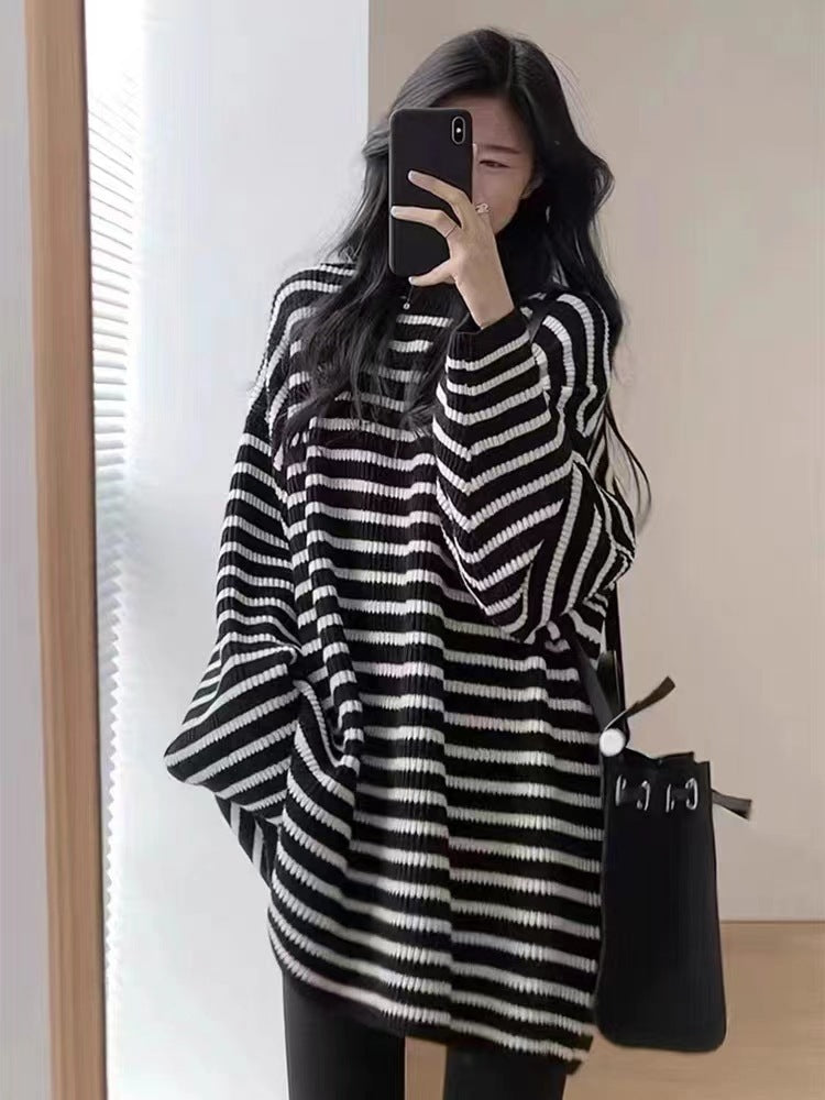 Damen Oversize Strick-Longpullover mit horizontaler Streifenstruktur Shop Nory