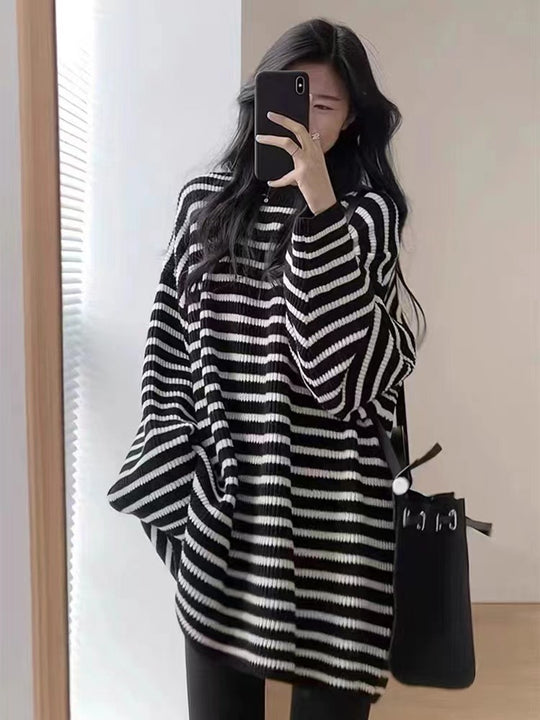 Damen Oversize Strick-Longpullover mit horizontaler Streifenstruktur Shop Nory