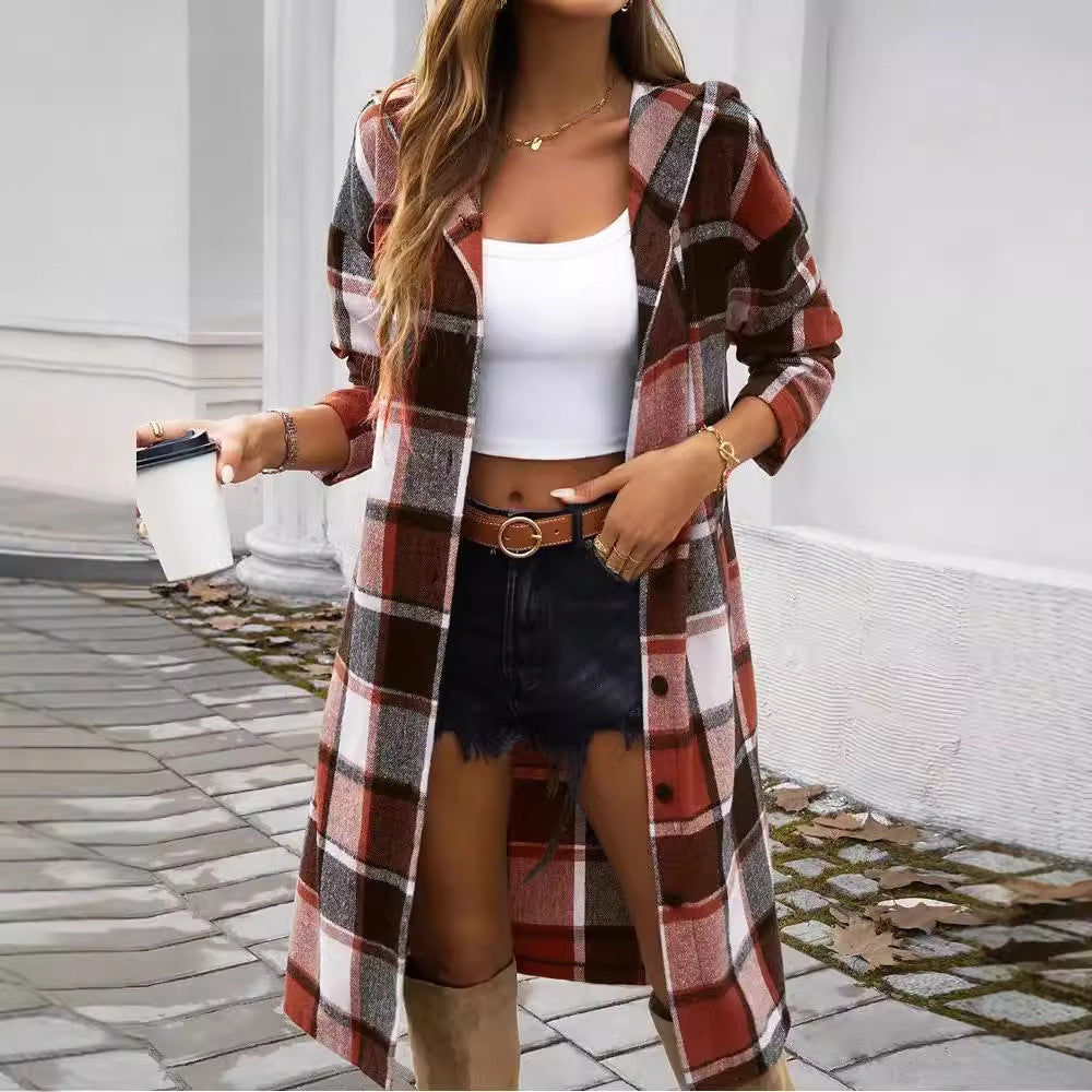 Damen Karomuster Longjacke mit Kapuze