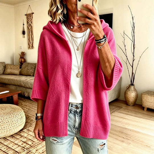 Damen Kapuzen-Longcardigan aus grobem Strick mit 3/4-Ärmeln und offener Front Shop Nory