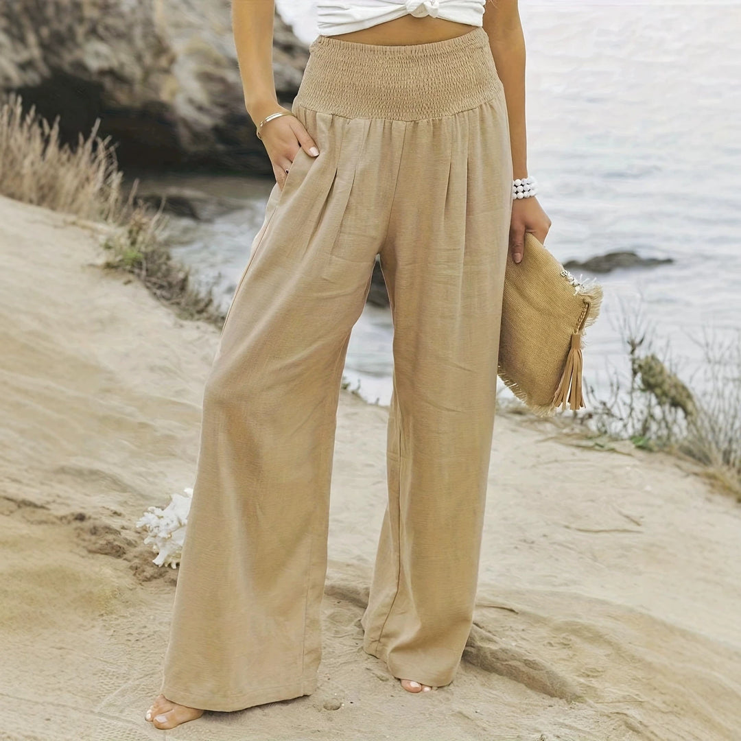 Damen Weite Leinenhose mit Smokbund und Eingrifftaschen Shop Nory