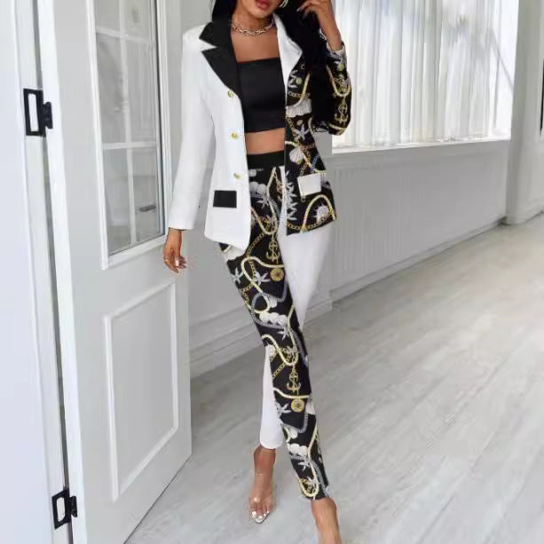 Damen Asymmetrisches Hahnentritt-Tailoring-Set mit Zweifarbiger Halb-Detailierung Shop Nory