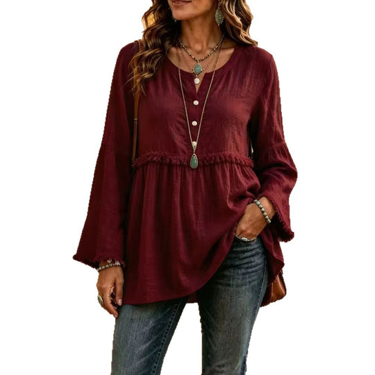 Damen Fransen-Tunika-Bluse mit V-Ausschnitt und Glockenärmeln Shop Nory