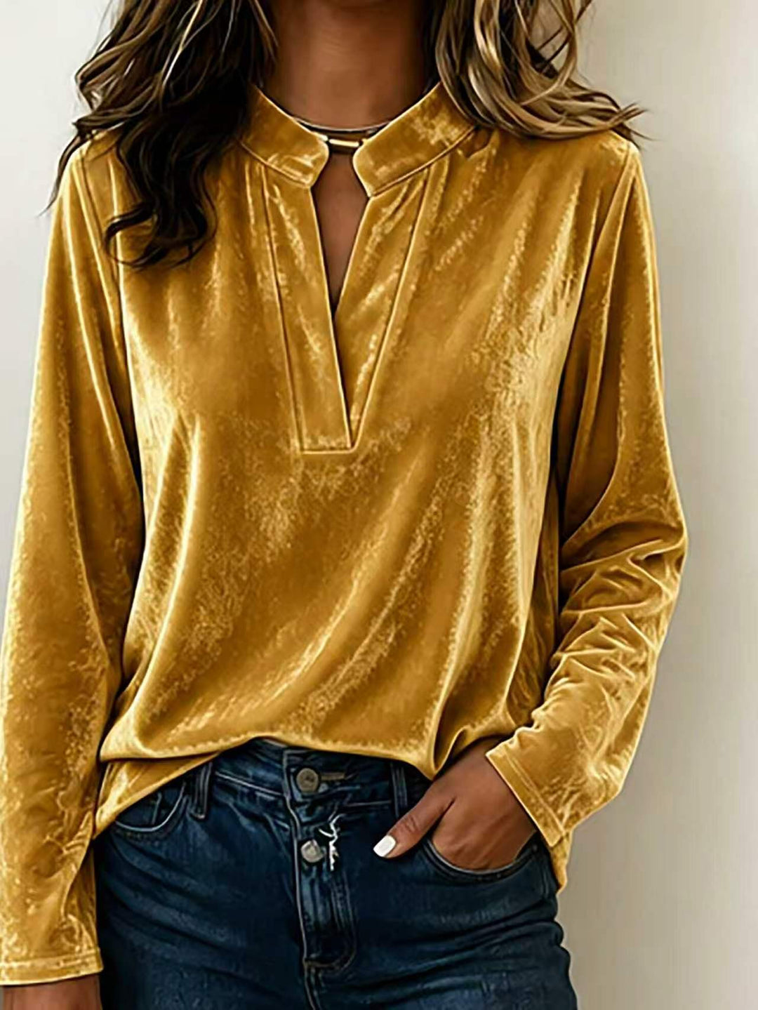 Damen Samtbluse mit Stehkragen, tiefem V-Ausschnitt und lockerem Langarm-Schnitt Shop Nory