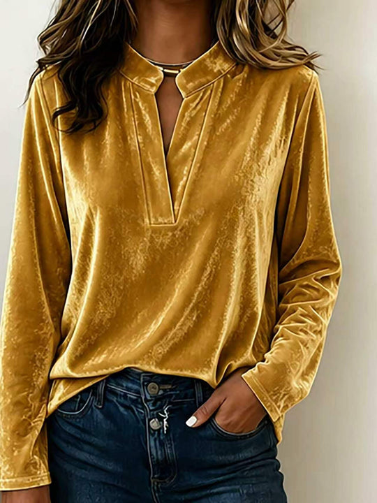 Damen Samtbluse mit Stehkragen, tiefem V-Ausschnitt und lockerem Langarm-Schnitt Shop Nory
