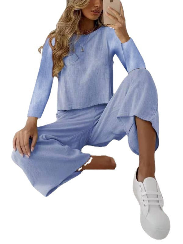 Damen Lässiges Leinenoptik-Zweiteiler Set mit Oversize-Langarmtop und weiter Palazzo-Hose Shop Nory