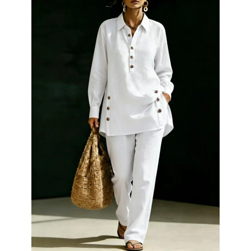 Damen Leichtes Oversize-Hemd-Tunika mit Zierknöpfen und Gerader Bundhose Shop Nory