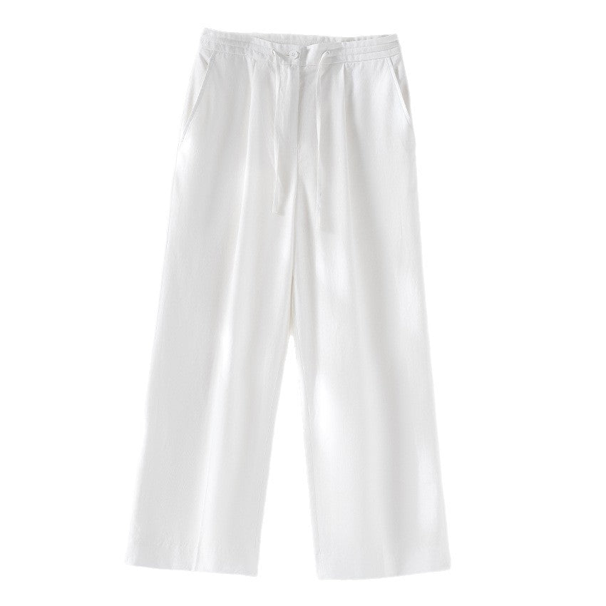 Damen Culotte-ähnliche Leinenhose mit Tunnelzug, Bundfalten und geradem Bein Shop Nory