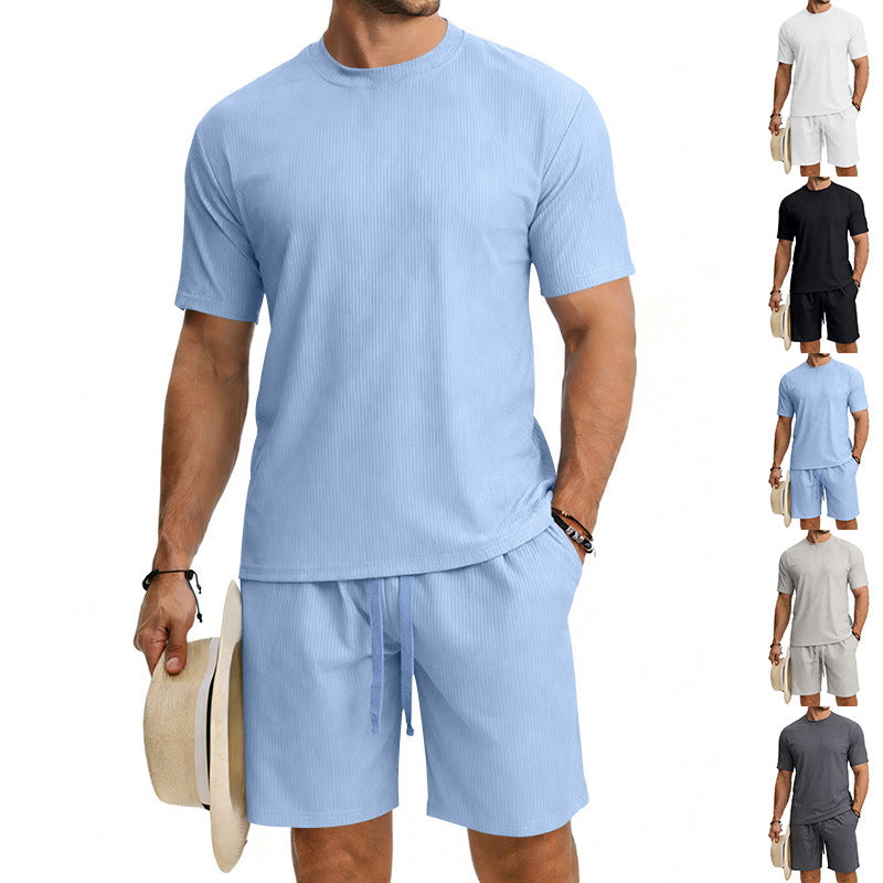 Herren nan Kurzarmshirt- und Bermudakombination aus geripptem Jersey mit elastischem Tunnelzugbund