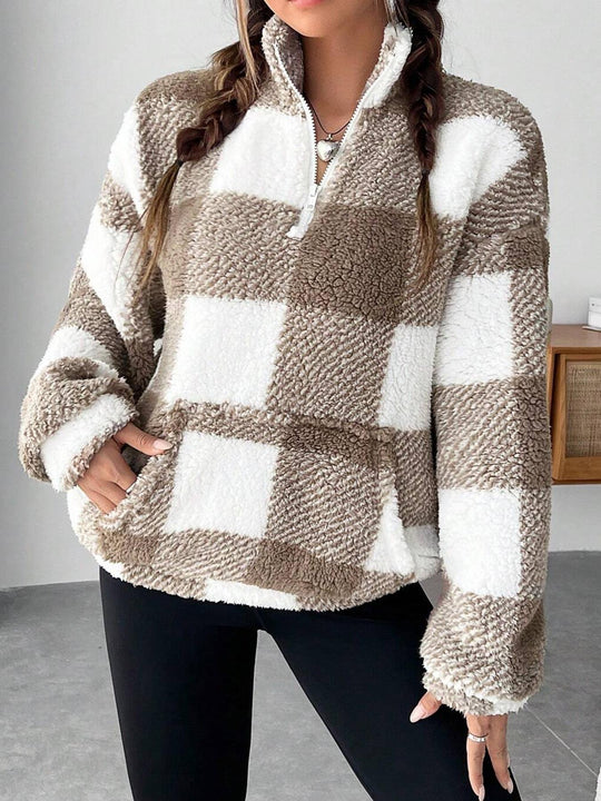 Damen nan kuscheliger Sherpa-Pullover mit Stehkragen, Half-Zip und Kängurutasche Shop Nory