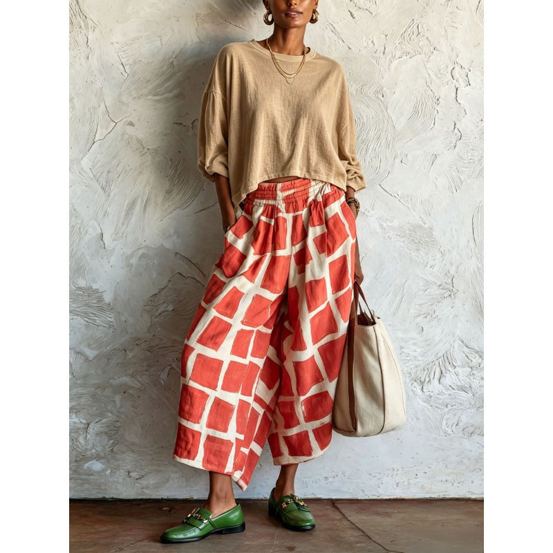 Damen Gemusterte Culotte-Palazzohose mit weitem Bein, elastischem Bund und Eingrifftaschen Shop Nory
