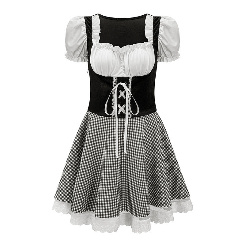 Damen nan bayerisch inspiriertes Mini-Dirndl mit geschnürtem Mieder, Puffärmeln und Vichykaro-Rock Shop Nory