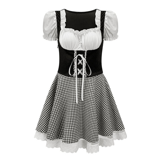 Damen nan bayerisch inspiriertes Mini-Dirndl mit geschnürtem Mieder, Puffärmeln und Vichykaro-Rock Shop Nory