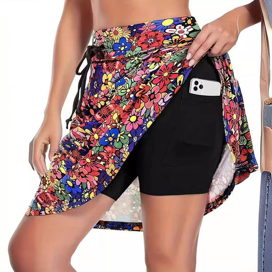 Damen High-Waist Sportrock mit integriertem Shorts und praktischen Taschen