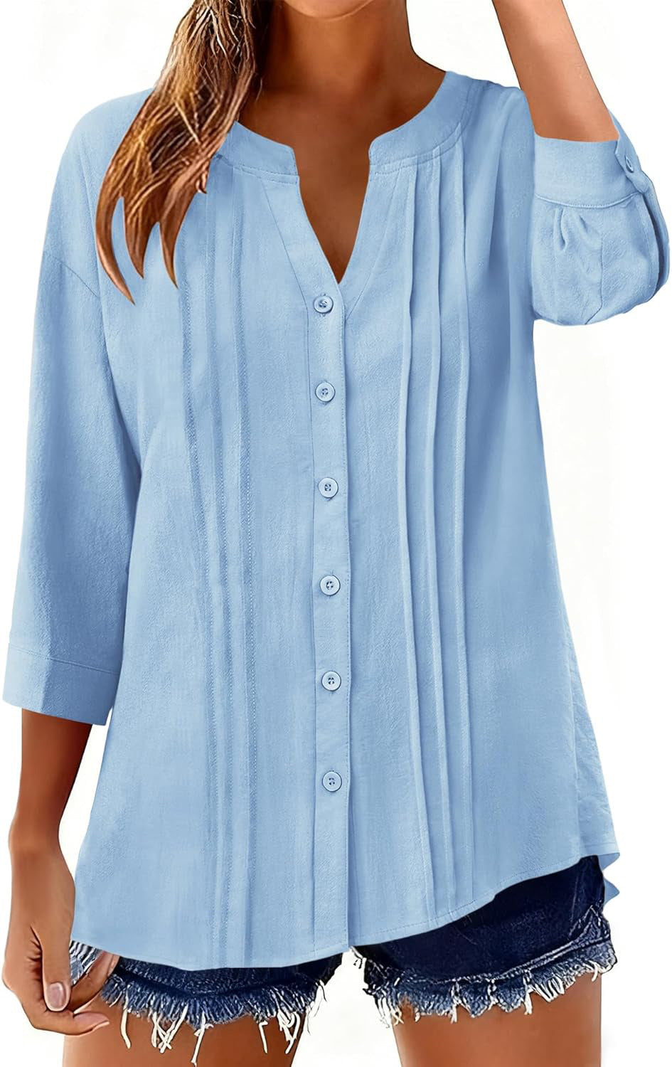 Damen Lockeres Tunikashirt mit Kellerfalten und dreiviertel Ärmeln Shop Nory