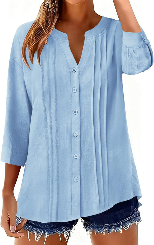 Damen Lockeres Tunikashirt mit Kellerfalten und dreiviertel Ärmeln Shop Nory