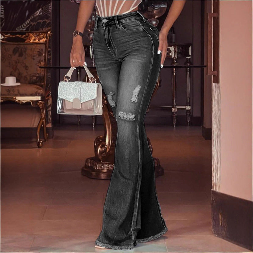 Damen Hochtaillierte Flared-Jeans mit Knie-Rissen, Fransen-Saum und ausgestelltem Bein Shop Nory