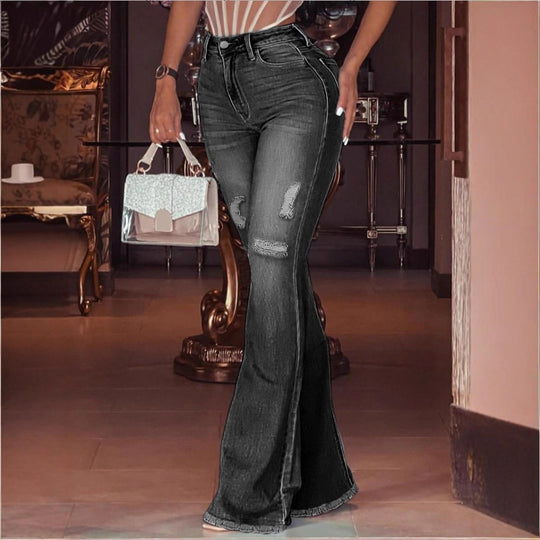 Damen Hochtaillierte Flared-Jeans mit Knie-Rissen, Fransen-Saum und ausgestelltem Bein Shop Nory