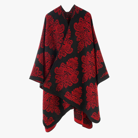 Damen Wollmix-Capeponcho mit beidseitigem Jacquard‑Paisley und kontrastierter Rollkante Shop Nory