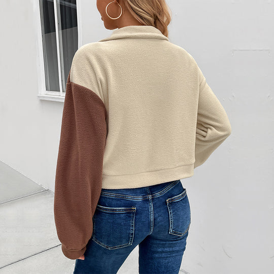Damen Gekürzte Teddyjacke mit farbblockierten Ärmeln und Brusttaschen Shop Nory
