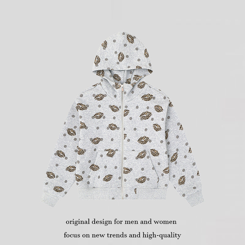 Damen Reißverschluss-Hoodie im Casual-Look mit Lippen‑Motiv und Punktmuster Shop Nory