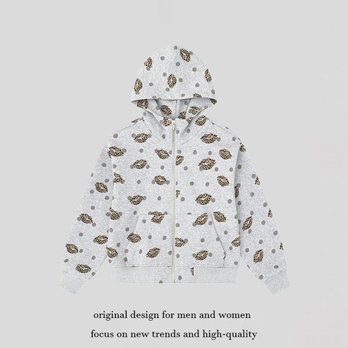 Damen Reißverschluss-Hoodie im Casual-Look mit Lippen‑Motiv und Punktmuster Shop Nory